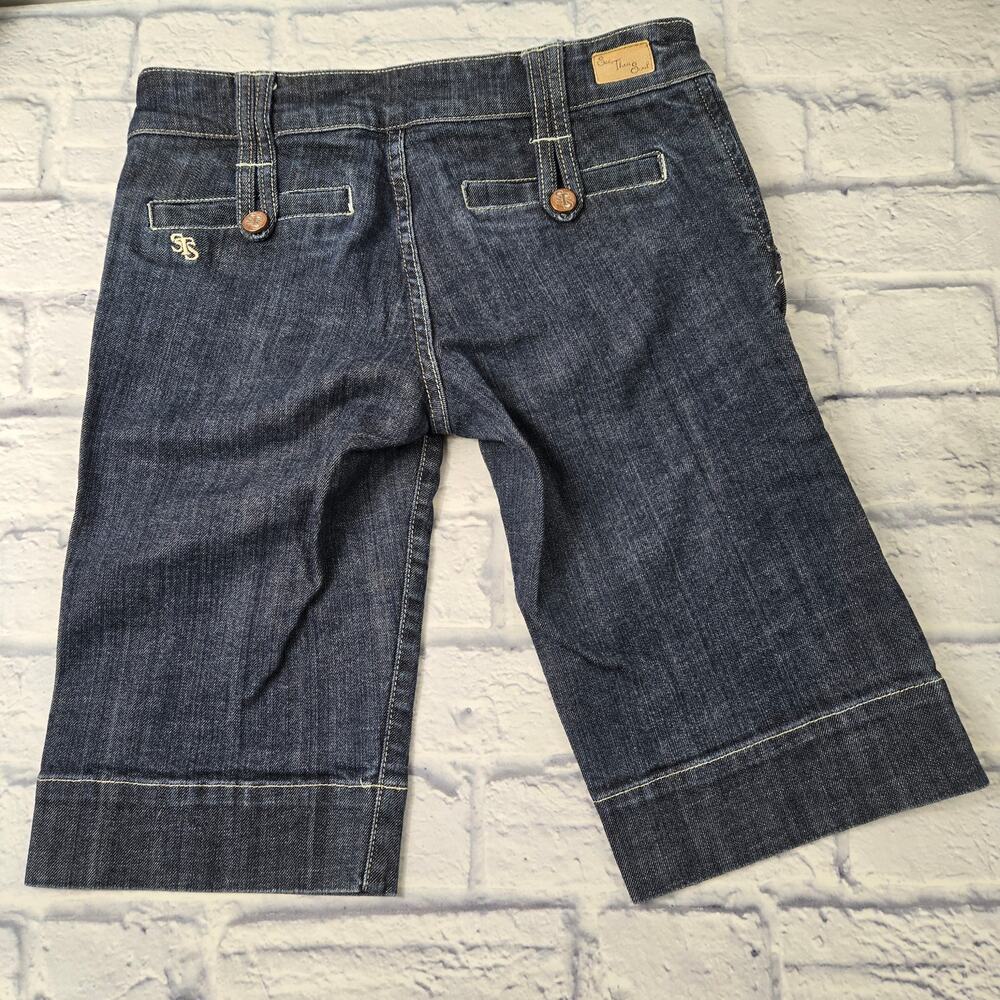 Retro See Thru Soul Denim Bermuda Shorts Button Loop Stitch Detail Stretch sz 27
